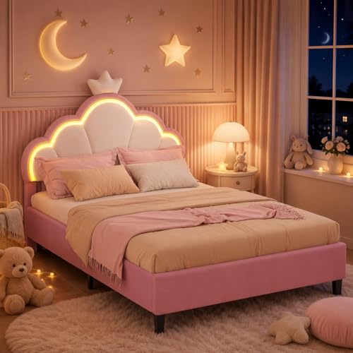 LIVLUX 3ft Single Pink Velvet Princess Bed Upholstered Girls Bed with LED Crown Headboard Height Adjustable Bed 90x190 cm Wooden Slatted Base