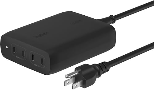 Belkin Bloque de cargador USB C de 4 puertos, cargador multipuerto GaN de 200 W, carga rápida USB-C PD 3.1 + cable de alimentación de 5 pies -