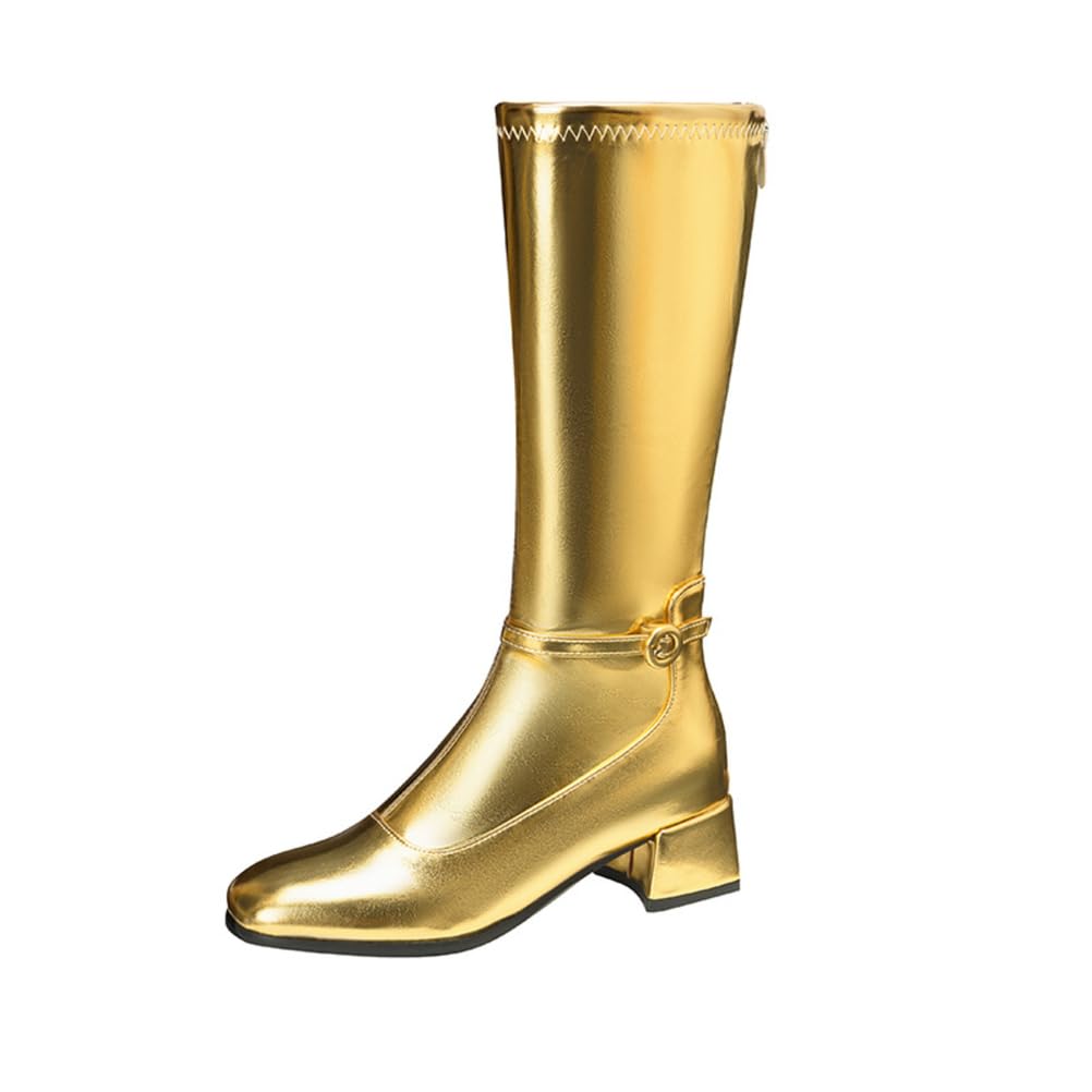 Womens Metallic Knee High Boots With Buckle Strap Square Closed Toe Low Block Heels Side Zipper Party Nightclub