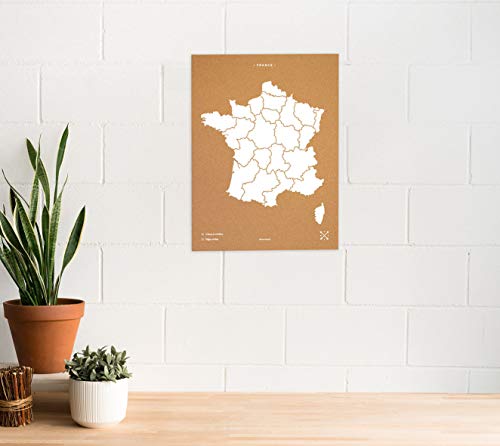 Miss Wood Carte de France Imprimée avec Sérigraphie sur Liège Naturel, Blanc, L (45 x 60 cm)