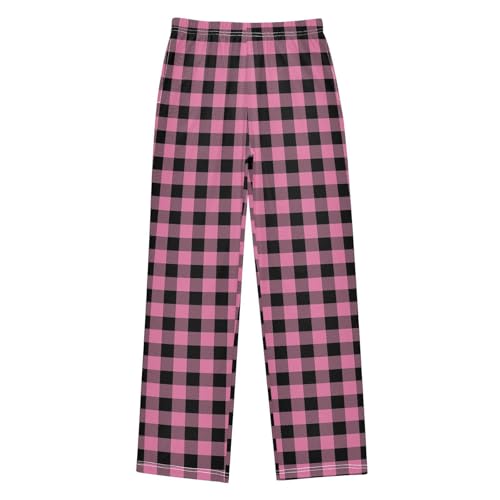 CaTaKu Boys Pink Buffalo Plaid Pants for Boys Girls Wide Leg Sweatpants Kids Long Bottoms with Pockets Size 6-14Y