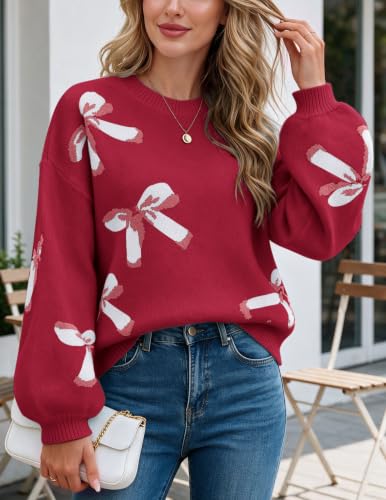 Image of Libsorge Womens Oversized Cute Bows Crewneck Pullover Sweater