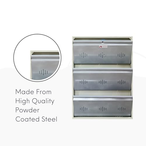 Image of StayHappy Wide Wall-Mounted and Freestanding Metal Shoe Rack Cabinet | Key Lock | Compact Design | Thick Metal Layer for Durability | Powder-Coated Steel | Crafted in Bharat. (Silver, 3 Door)