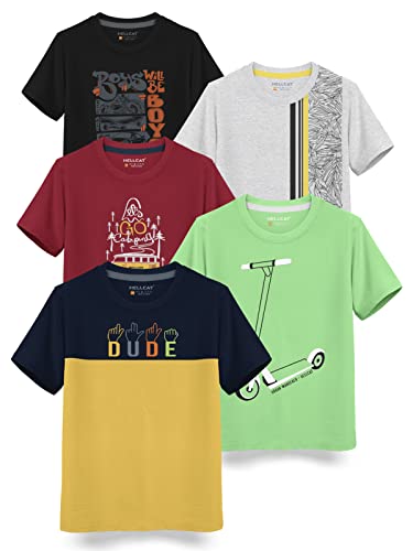 Image of HELLCAT Boys Round Neck Printed Blended Cotton Tshirt -Combo Pack of 2 - Orange /Blue