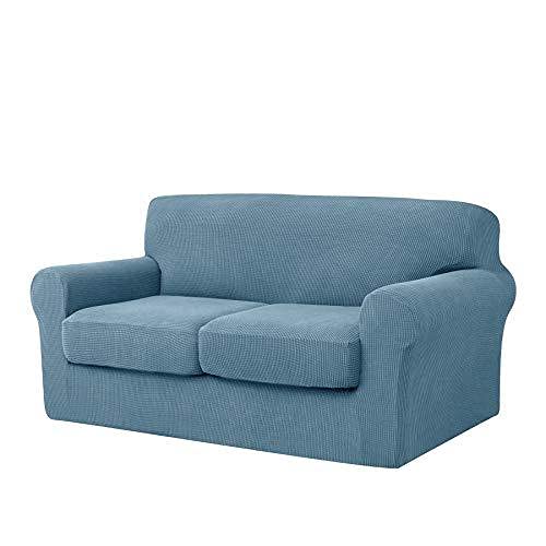 CHUN YI Sofa Cover Stretch Separate Cushion Couch Cover, 2 Seater Sofa Slipcover with 2 Separate Cushion Covers for Living Room, Checks Jacquard Spandex Fabric (Loveseat, Sky Blue)