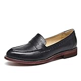 Beau Today Penny Loafers Women Leather Shoes Slip-On Moccasin (8.5, Black)