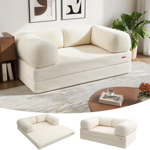 COMAX Folding Sofa Bed Queen, 4-in-1 Foldable Floor Couch Convertible Futon Sofa with Armrests Sleeper Mattress Chair Bed Comfy Portable Fold Out Lounge Guest for Living Room Bedroom, Beige