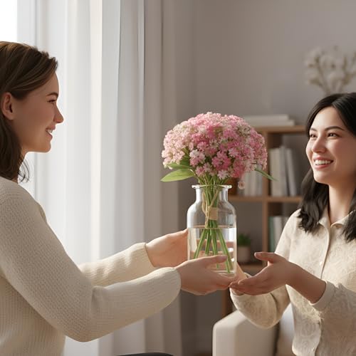 Image of Artificial Baby Breath Pink Flower Bouquet - 12 Stems, 28cm Height Faux Bunch with Green Leaves for Home, Office, Wedding & Party Decoration
