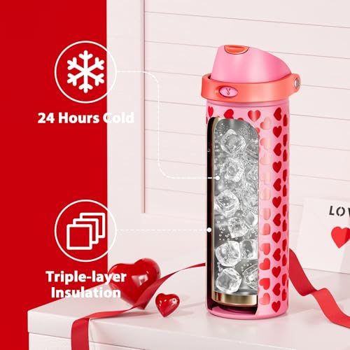 Image of 24 oz Valentine's Day Water Bottle: Meoky Stainless Steel Heart Water Bottle with 2-in-1 Straw and Spout Lid - Leak Proof, Fits in Car Cup Holder, Valentines Day for Her Women Wife Girls, Lovie