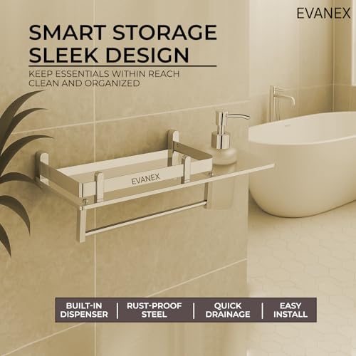 Image of EVANEX Bathroom Shelf | 5x15 Inch 304 Stainless Steel Wall Mount Bathroom Organizer with Towel Hanger, Liquid Soap & Shampoo Dispenser Holder | 3 in 1 Multipurpose Bathroom Rack