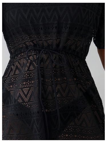 GORGLITTER Women's Sheer Hollow Out Swimwear Cover Ups V Neck Short Sleeve Drawstring Beach Dress Swimsuits Black Small - Image 5
