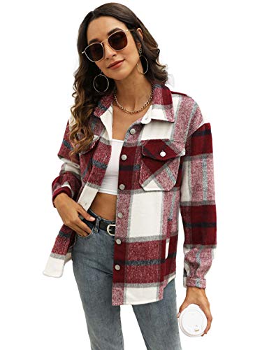 Uaneo Womens Casual Plaid Wool Blend Button Down Long Sleeve Shirt Jacket Shacketsï¼ˆBurgundy-Mï¼‰