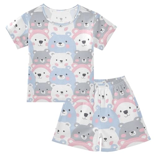 ALAZA Bear White Blue Gray Pajamas Short Sleeve 2 Piece Sleepwear Top and Bottom Pajama Set Unisex
