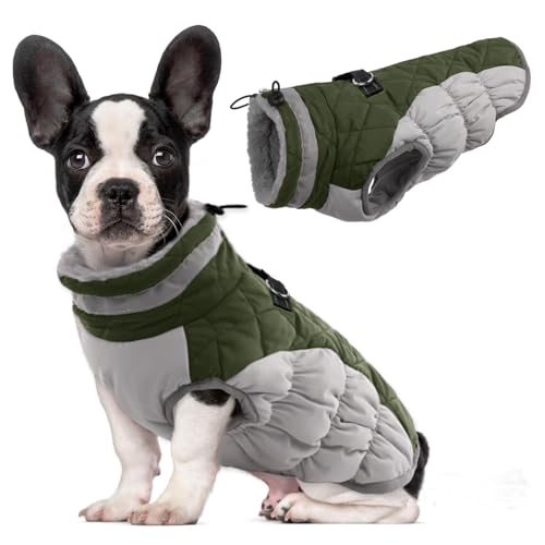 Image of Lelepet Dog Coat Warm Dog Winter Coat Waterproof Dogs Jacket with Harness | Reflective Pet Fleece Vest Zip-Up Cold Weather Coats for Dogs Turtleneck & Windproof Coats Chihuahua Army Green XS