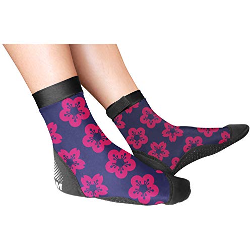 BPS \'Second Skin\' Fin Socks - Socks for Beach Volleyball, Surfing, Dive Shoes, Diving, Kayaking, Snorkeling, Beach Sports, Sand Volleyball, Swimming - High Cut Socks (Pink and Purple Floral, XLarge)