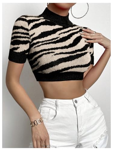 WDIRARA Women's Zebra Pattern Mock Neck Sweater Short Sleeve Pullover Knit Crop Top2
