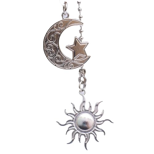 Image of Silver Sun and Moon Zipper Extensions for Ceiling Fans and Lamps, with Ball Chain connectors, 30.48 cm Totem Bohemian Pendant Extender Decorations, 2 Pieces. (Silver)