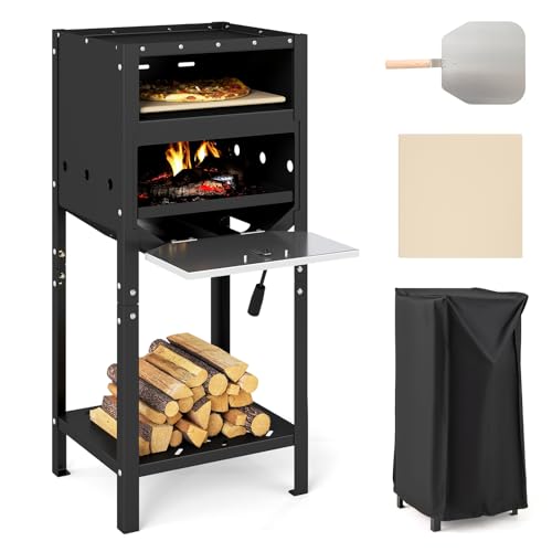 Happygrill 12” Pizza Oven Outdoor, Wood-Fired Pizza Stove with Ash Tray & Wood Storage, Pizza Stone, Pizza Peel & Oxford Cloth Cover, Multi-Fuel Pizza Maker for Patio, Backyard, Camping & BBQ