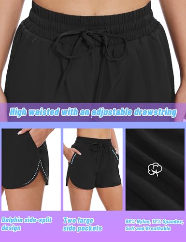 High Waisted Running Shorts for Women with Pockets, 2.5" Black Athletic Workout Gym Yoga Spandex Dolphin Shorts4