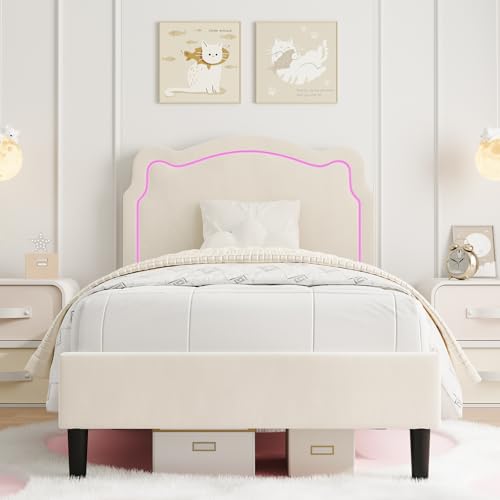 Image of GarveeHome Twin Upholstered Smart LED Bed Frame with Headboard, Velvet Princess Platform Bed Frame for Kids, Wooden Slats Support, No Box Spring Needed (Beige)