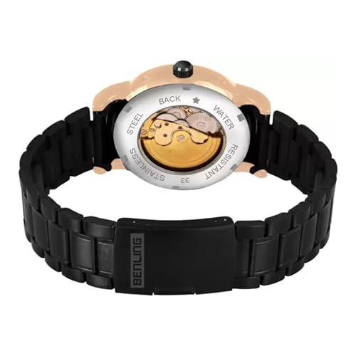 Image of Benling Men's Skeleton Automatic Analog Watch Combo | Open Gear Dial | Leather and Stainless Steel Chain Strap | Luxury Mechanical Movement | Casual & Formal Wear Stylish Wrist Watch for Men