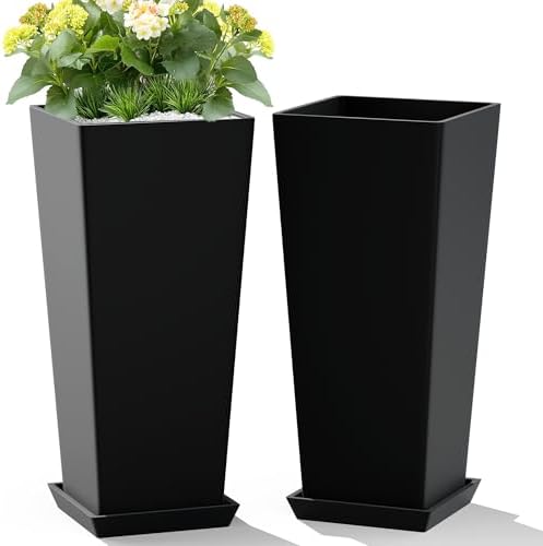 Set of 2 Large Tall Planter for Indoor or Outdoor 24" Flower Pots Tapered Tall Planters with Tray for Porch, Patio, Backyard, Large Planters for Outdoor Indoor Plants(Black)