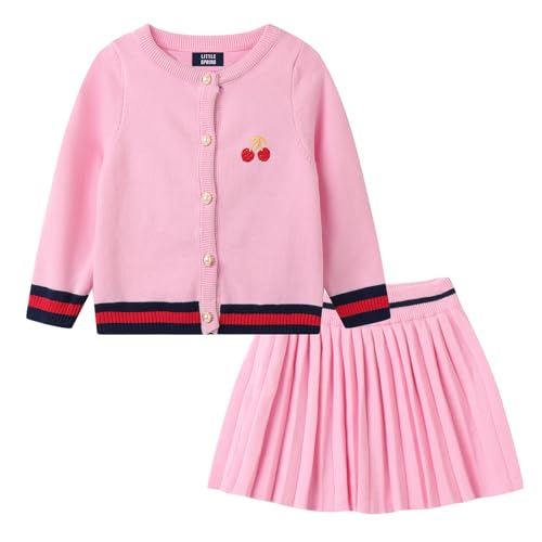 Image of LittleSpring Girls Knit Sweater Outfits Cherry Cardigan and Skirt Sets
