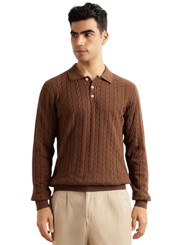 Image of Thomas Scott Men's | Regular Fit | Long Sleeves | Self Design | 100% Cotton | Button Closure | Dry Clean | Polo Collar | Knitted | T-Shirt