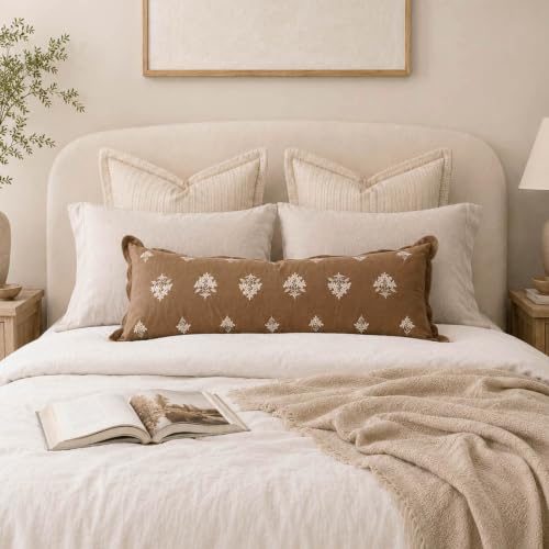 BlissBlush Long Lumbar Pillow Cover 14x36 for Bed, Brown Velvet Decorative Lumbar Pillow Cover, Floral Accent Cushion Cover with Embroidery and Scalloped Edge for Couch Sofa Bed, Cover ONLY - image 8
