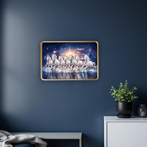 Image of Dharvika Innovations Vastu 7 Seven Running Horse Photo Frame, Golden Slim Frame, Sparkle Coated Lamination, 30x45 cm (Design 12)
