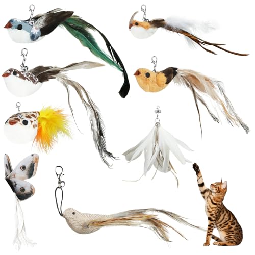 Set di giocattoli per gatti: Riceverete 6 uccellini realistici, 1 farfalla dai colori vivaci e 1 piuma naturale bianca. Le piume e gli uccellini misurano dai 12 ai 22 cm e ognuno è dotato di un campanellino, pensato per attirare l'attenzione del vostro gatto.