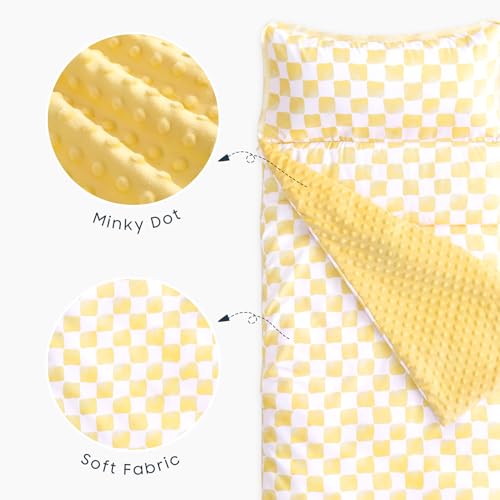 Image of Wake In Cloud - Toddler Nap Mat with Pillow and Minky Fleece Blanket, for Kids Boys Girls Ages 3 Plus in Daycare Preschool, Roll Up Sleeping Bag, Gingham Grid Checkered, Yellow White, Standard