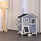 lionto Katzenvilla aus Tannenholz mit Bitumendach für drinnen und draußen, Katzenhaus über 2 Etagen mit Stufen, 80x55x90 cm, Lamellenvorhang und Fenster, Hütte für große Katzen geeignet, grau/weiß