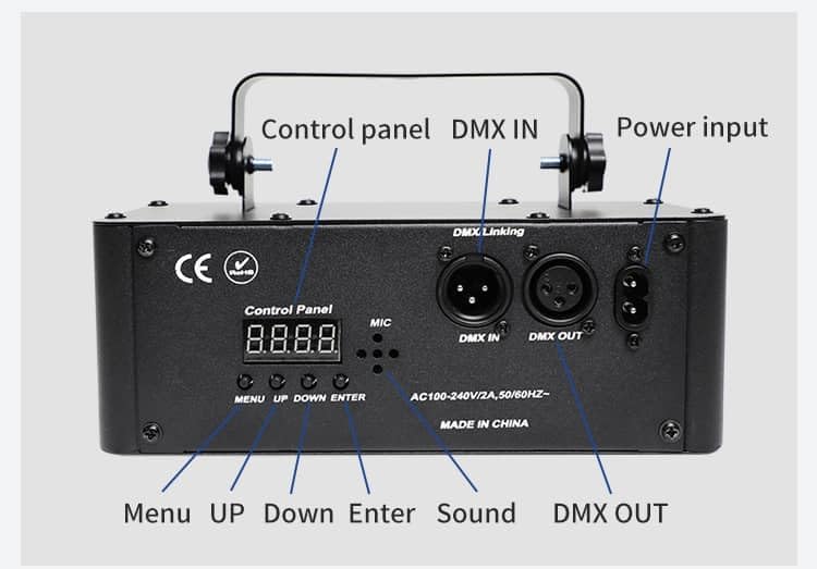 Rear view of the light unit showing the control panel with a digital display, Menu, Up, Down, Enter buttons, a microphone for sound activation, DMX IN and DMX OUT ports, and the power input.