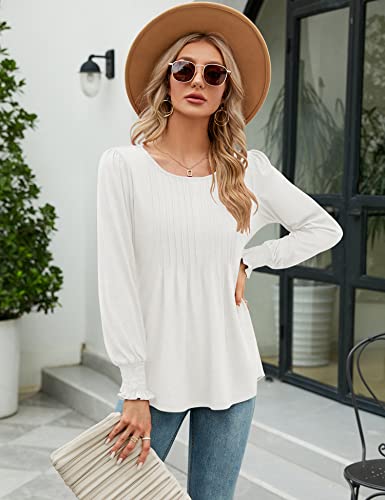 Lomon Long Sleeve Tops For Women Casual Fashion Pleated Tunic Blouse Puff Sleeve Crew Neck T Shirts(White,M) #TOP2