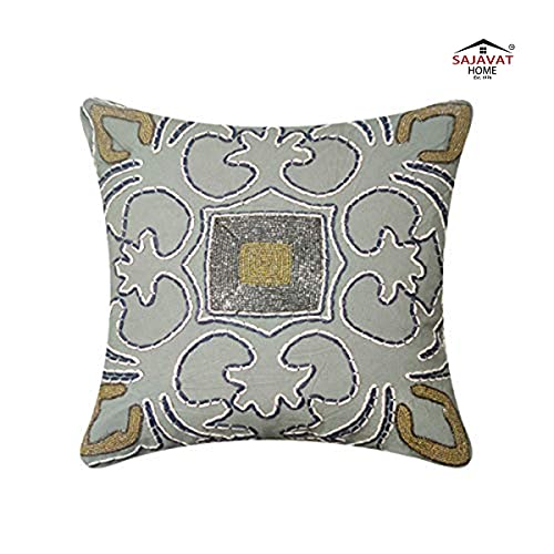 Image of SAJAVAT HOME CC53 Cotton Floral Hand Work Embroidery Cushion Cover (Pack of 1) 18x18 INCHES / 45x45 cm Multicolor (Sage Green, Cotton)