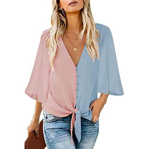 luvamia Women's Casual V Neck Tops 3/4 Sleeve Tie Knot Blouses Solid Button Down Shirts