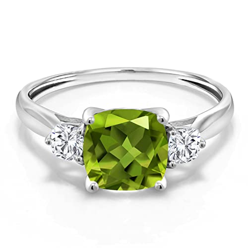 Gem Stone King 1.96 Cttw 10K White Gold Green Peridot and White Moissanite 3-Stone Engagement Ring | Cushion 7MM and 3MM | 3 Stone Wedding Anniversary Promise Ring For Women - Main Image
