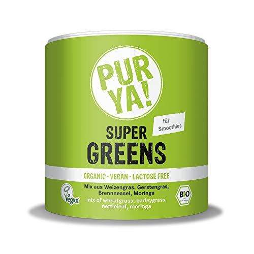 PURYA! BIO SUPER GREENS, mit Weizengras, Gerstengras, Brennnessel und Moringa, für Smoothies, Shakes und mehr, veganes Protein für Muskelaufbau, vegan und laktosefrei, 150g