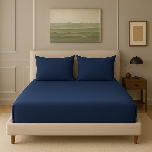 Image of Trance Home Linen 300 TC Bamboo Fitted Bedsheet | Soft, Breathable & Eco-Friendly Bedsheet with 2 Pillow Cover - (78 x 42 inch, Mediterranean Blue)