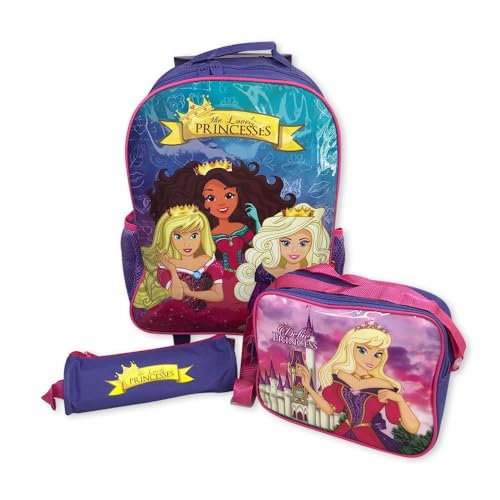 Kit Mochila de Rodinha Infantil Escolar Princesas Roxa 3 Peças – Mochila com Carrinho, Lancheira Térmica e Estojo