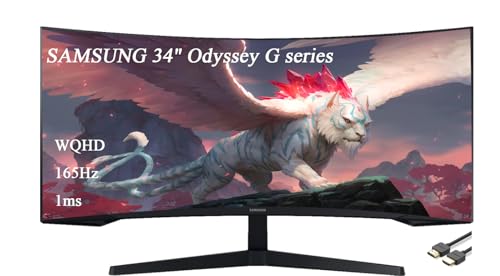 Image of Samsung 34 inch Odyssey G Series WQHD Gaming Monitor, Curved, 165Hz, 1ms, FreeSync Premium, 1000R UltraWide, Black, with GSF HDMI Cable