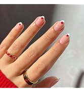 Valentines Pink Press on Nails Short Almond Fake Nails, Heart Press on Nails White French Tips wi...