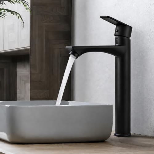 HOMELODY Wasserhahn Bad Schwarz Hoch - Bleifrei Rund Waschtischarmatur | Auslauf Höhe 228mm Einhebelmischer Mischbatterie Waschbecken Armatur Badezimmer für Waschbecken Waschtisch