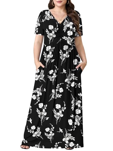 Image of PEVRL Plus Size Summer Maxi Dress for Curvy Women with Pockets 1X-5X | Short Sleeve, Twisted Front V-Neck, Summer Casual A Line Flowy Dress, Empire Waist Floral Print Beach Vacation Long Dress
