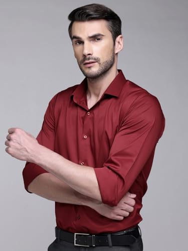 Image of IndoPrimo Men's Satin Shirt with Spread Collar Neck Line Solid Pattern Full Sleeves Regular Fit Western Style and Standard Length