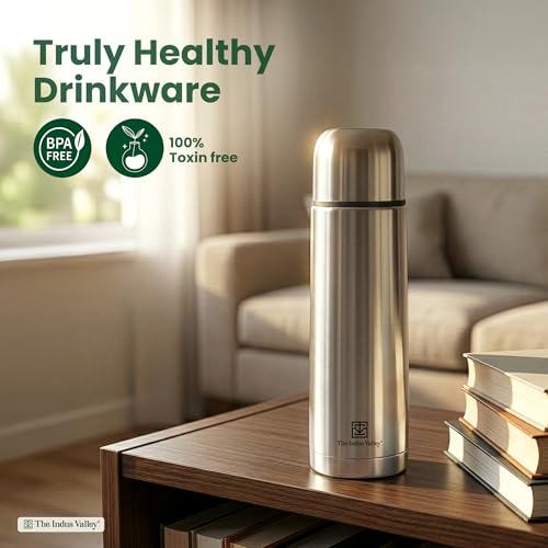 Image of The Indus Valley 1 Litre Stainless Steel Vacuum Insulated Bullet Flask with Flip Lid - Double Wall, Keeps Drinks Hot & Cold, Leak-Proof, Rust-Proof for School, Office, Gym & Travel