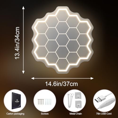 Image of Colmena Mirror Neon Sign, Hexagon Mirror LED Light | USB Powered Dimmable Mirror Light, Aesthetic Wall Art for Bedroom Entrance Home Party Decoration Gift, 14.4 inchx13.4 inch