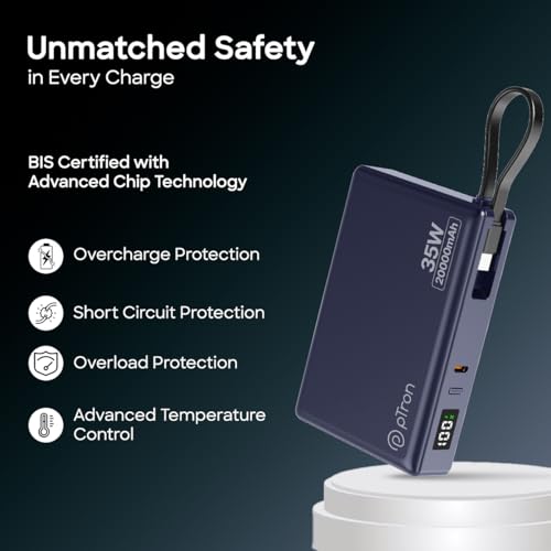 Image of pTron Dynamo Sprint 20000mAh 35W Super Fast Charging, USB Type-C Input Power Bank Compatible with QC3.0 /PD3.0, Built-in Charging Cable, 3 Charging Outputs, Type-C Input /Output Port (Indigo Blue)