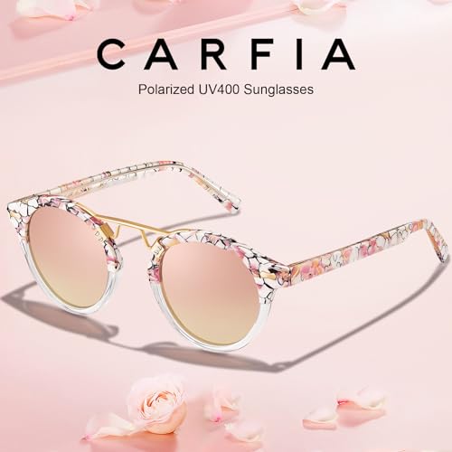 Image of CARFIA Small Face Acetate Polarized Sunglasses for Women UV Protection, Retro Double Bridge Eyewears Metal Brow Round Sunnies